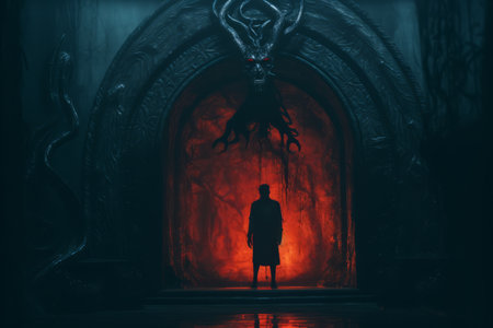 a person standing in front of a door with a demon headの素材