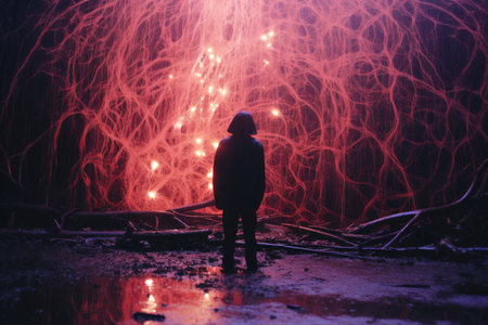a person standing in front of a glowing red lightの素材