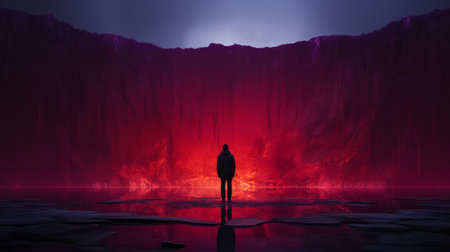 a person standing in front of a red light in a dark caveの素材