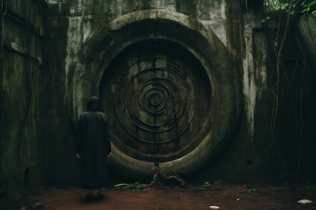 a person standing in front of a large circular doorの素材