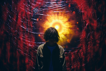 a person standing in front of a large red and yellow paintingの素材