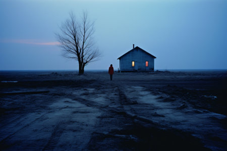 a person standing in front of a small house in the middle of a fieldの素材