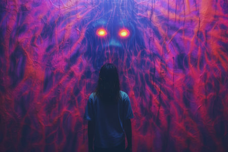 a person standing in front of a painting with glowing eyesの素材