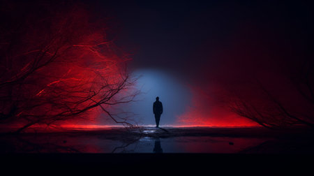 a person standing in front of a red light in the woodsの素材