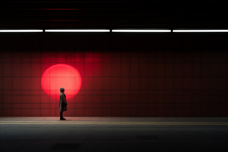 a person standing in front of a red lightの素材