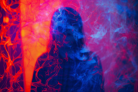a person standing in front of a red and blue smokeの素材
