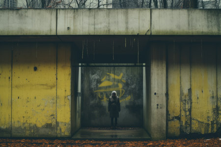 a person standing in front of a yellow buildingの素材