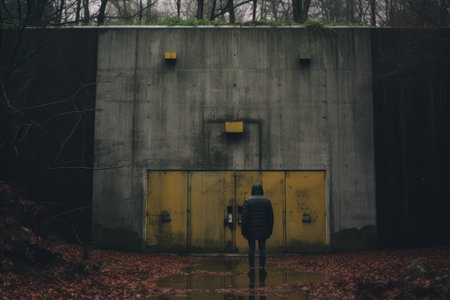 a person standing in front of a yellow doorの素材