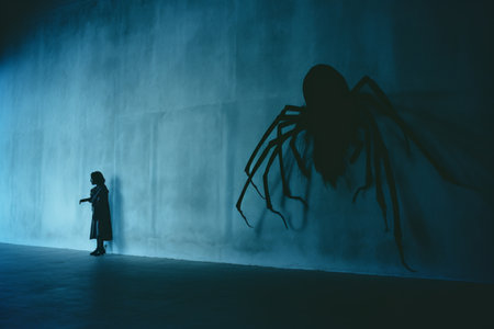 a person standing in front of a spider on a wallの素材