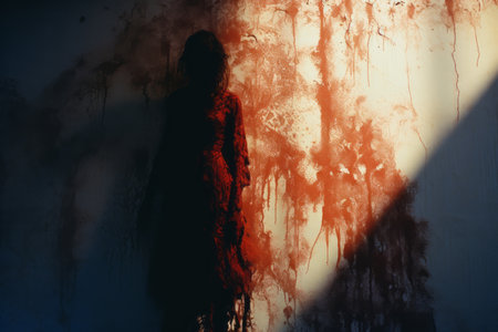 a person standing in front of a wall covered in bloodの素材