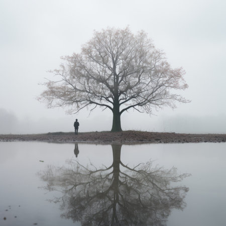 a person standing in front of a tree in the fogの素材