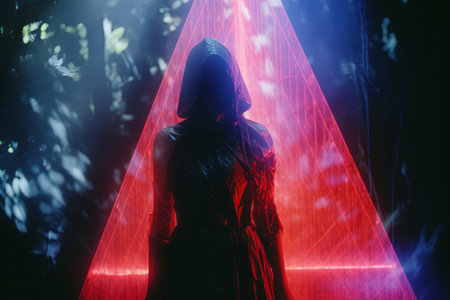 a person standing in front of a red lightの素材