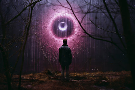 a person standing in front of a purple orb in the woodsの素材
