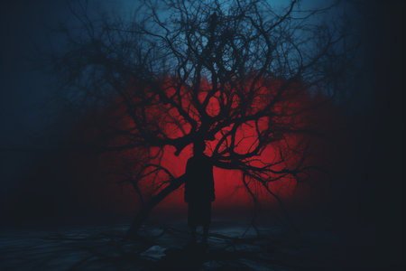 a person standing in front of a tree in the darkの素材