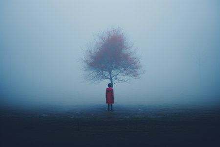 a person standing in front of a tree in the fogの素材