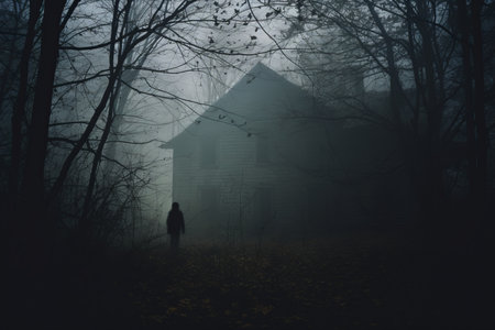 a person standing in front of an old house in the woodsの素材