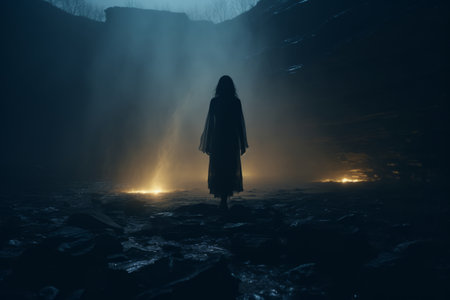 a person standing in the dark in front of a waterfallの素材