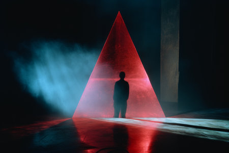 a person standing in front of a red triangleの素材