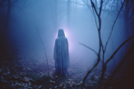 a person standing in the middle of a dark forestの素材