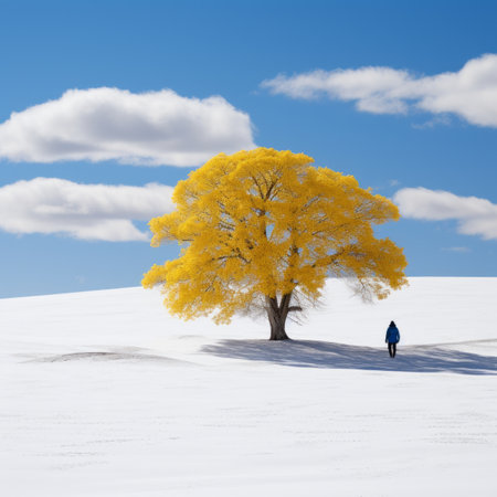 a person walking under a yellow tree in the snowの素材