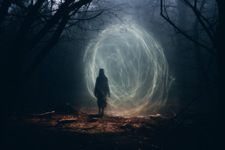 a person standing in the middle of a dark forestの素材