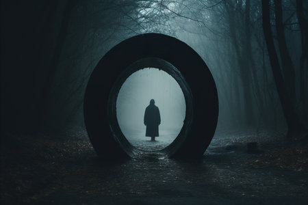 a person standing in the middle of a dark forestの素材