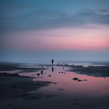 a person standing on the shore of a body of waterの素材