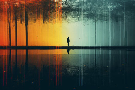 a person standing in the middle of a lake with trees in the backgroundの素材