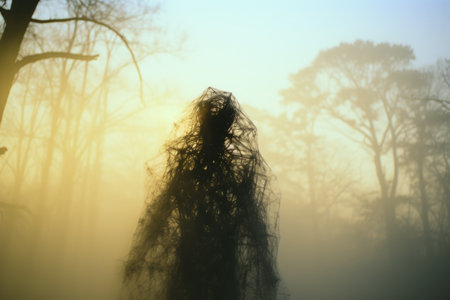a person standing in the middle of a foggy forestの素材