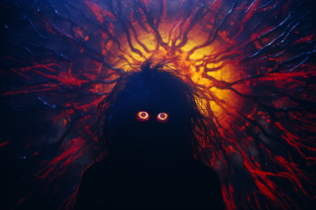 a person with glowing red eyes standing in front of a dark backgroundの素材
