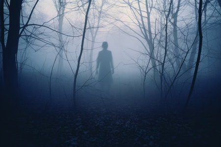a person standing in the middle of a foggy forestの素材