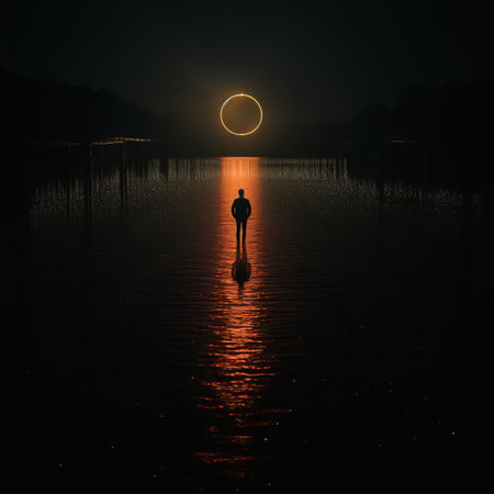 a person standing in the middle of a lake with the sun in the backgroundの素材