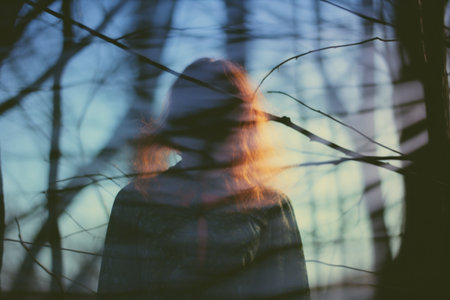 a person standing in the middle of a forest with trees in the backgroundの素材