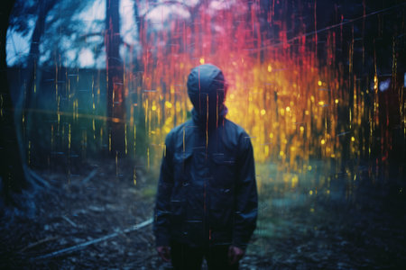 a person standing in the middle of a forest with colorful lightsの素材