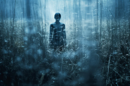 a person standing in the middle of tall grassの素材