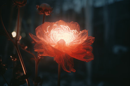 a red flower in the dark with a light shining on itの素材
