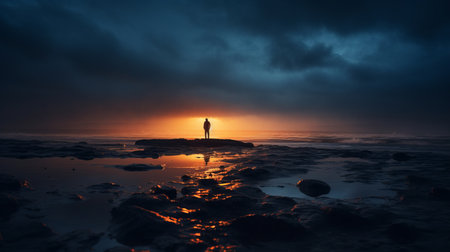 a person standing on a rock in the middle of the ocean at sunsetの素材