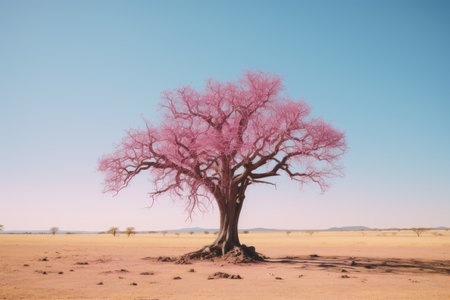 a pink tree stands alone in the middle of a desertの素材