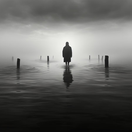 a person standing in the middle of the water on a foggy dayの素材