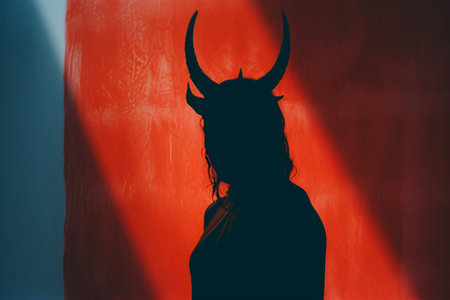 a person with horns on their head standing in front of a red wallの素材