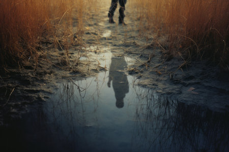 a person standing in the middle of tall grassの素材