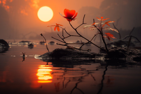 a red flower in the water at sunsetの素材