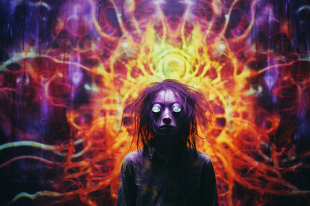 a person with glowing eyes standing in front of a colorful backgroundの素材