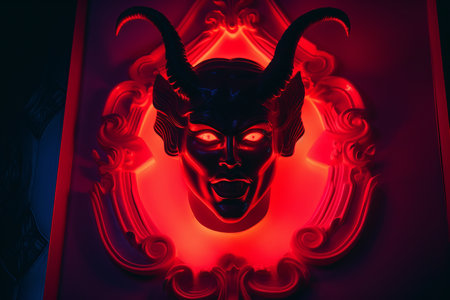 a red light is shining on a devil maskの素材