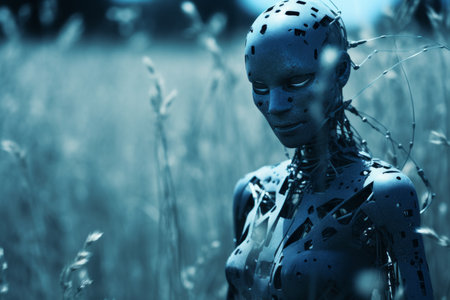 a robot standing in a field of tall grassの素材