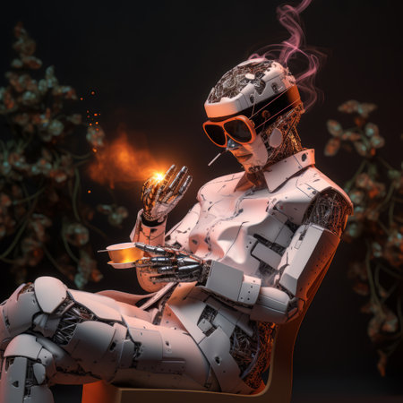 a robot sitting on a chair with a cup of teaの素材