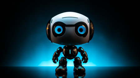 a robot with blue eyes standing in front of a black backgroundの素材