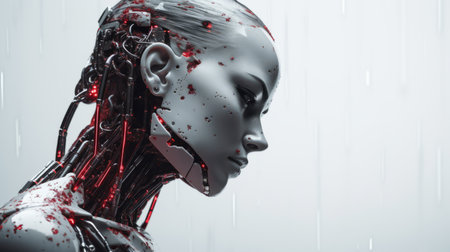 a robot with blood splattered on its faceの素材