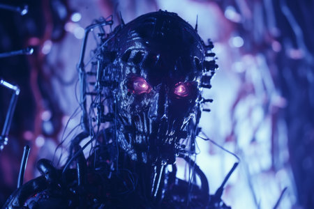 a robot with glowing red eyes in a dark roomの素材