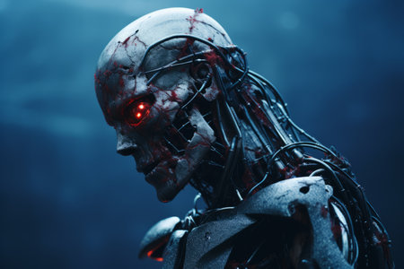 a robot with glowing red eyes standing in front of a dark backgroundの素材